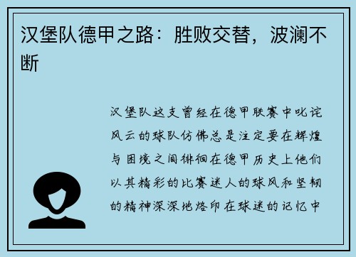 汉堡队德甲之路：胜败交替，波澜不断